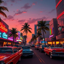 A vibrant scene capturing the essence of Miami in the 1970s, inspired by the aesthetic of Grand Theft Auto: Vice City