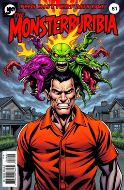 A striking comic book cover titled 'Monsterburbia', featuring a muscular male prisoner in an orange jumpsuit, his face expressing fear and determination