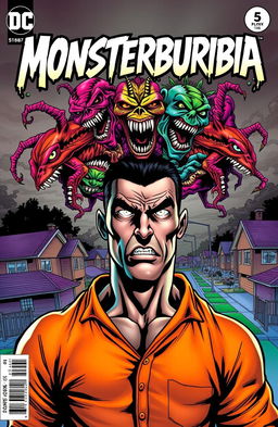 A striking comic book cover titled 'Monsterburbia', featuring a muscular male prisoner in an orange jumpsuit, his face expressing fear and determination