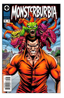 A striking comic book cover titled 'Monsterburbia', featuring a muscular male prisoner in an orange jumpsuit, his face expressing fear and determination