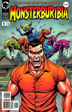 A striking comic book cover titled 'Monsterburbia', featuring a muscular male prisoner in an orange jumpsuit, his face expressing fear and determination