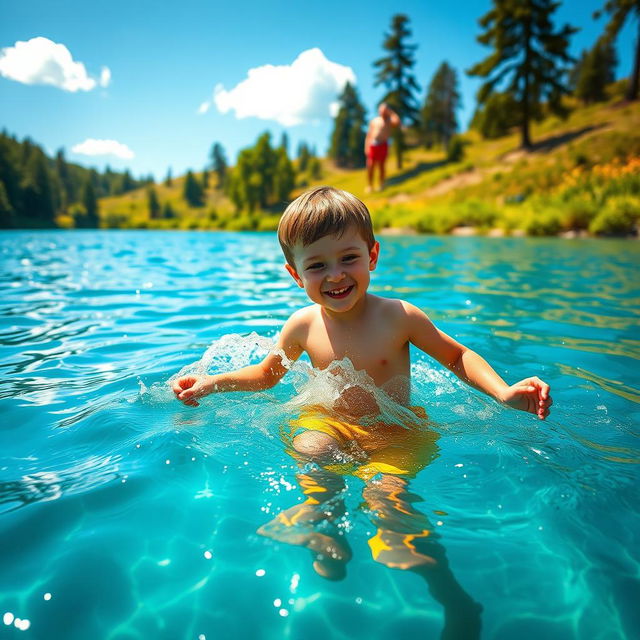 A serene scene capturing a young boy playing joyfully in crystal-clear water of a picturesque blue lake surrounded by lush greenery, sunlight sparkling on the water surface, reflecting warm hues of a summer day