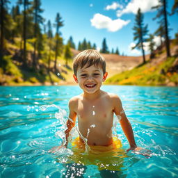 A serene scene capturing a young boy playing joyfully in crystal-clear water of a picturesque blue lake surrounded by lush greenery, sunlight sparkling on the water surface, reflecting warm hues of a summer day