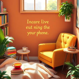 A vibrant and inviting scene illustrating the joy of reading books instead of using a phone