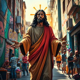 A powerful, artistic depiction of a black Jesus Christ standing majestically in a vibrant urban neighborhood