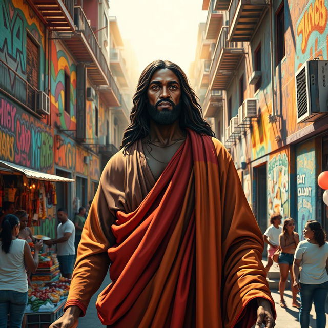 A powerful, artistic depiction of a black Jesus Christ standing majestically in a vibrant urban neighborhood