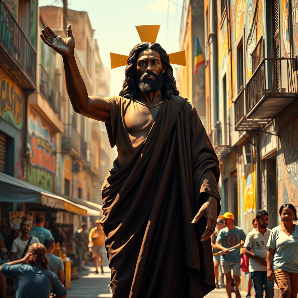 A powerful, artistic depiction of a black Jesus Christ standing majestically in a vibrant urban neighborhood