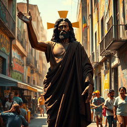 A powerful, artistic depiction of a black Jesus Christ standing majestically in a vibrant urban neighborhood