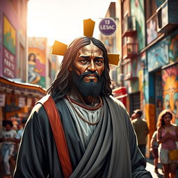 A powerful, artistic depiction of a black Jesus Christ standing majestically in a vibrant urban neighborhood