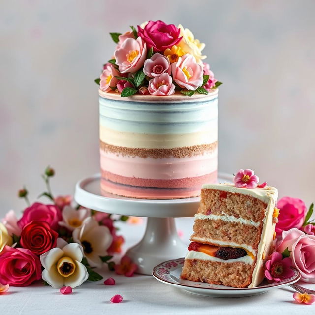 A beautifully decorated multi-layered cake with intricate floral designs on top, vibrant colors, and shiny edible accents