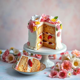 A beautifully decorated multi-layered cake with intricate floral designs on top, vibrant colors, and shiny edible accents