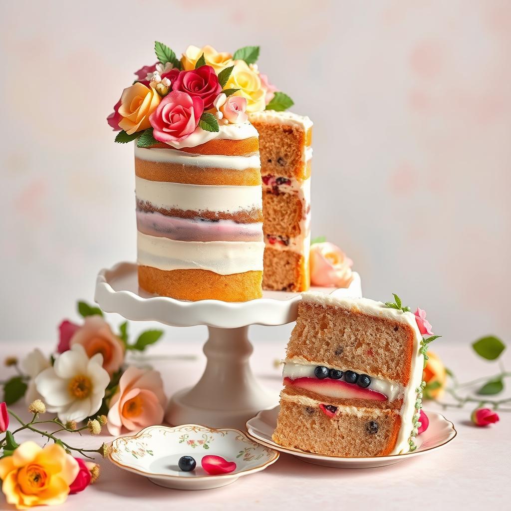 A beautifully decorated multi-layered cake with intricate floral designs on top, vibrant colors, and shiny edible accents