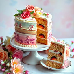 A beautifully decorated multi-layered cake with intricate floral designs on top, vibrant colors, and shiny edible accents