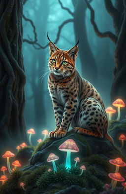 A realistic tabby lynx with striking fur patterns, set in a magical glowing forest