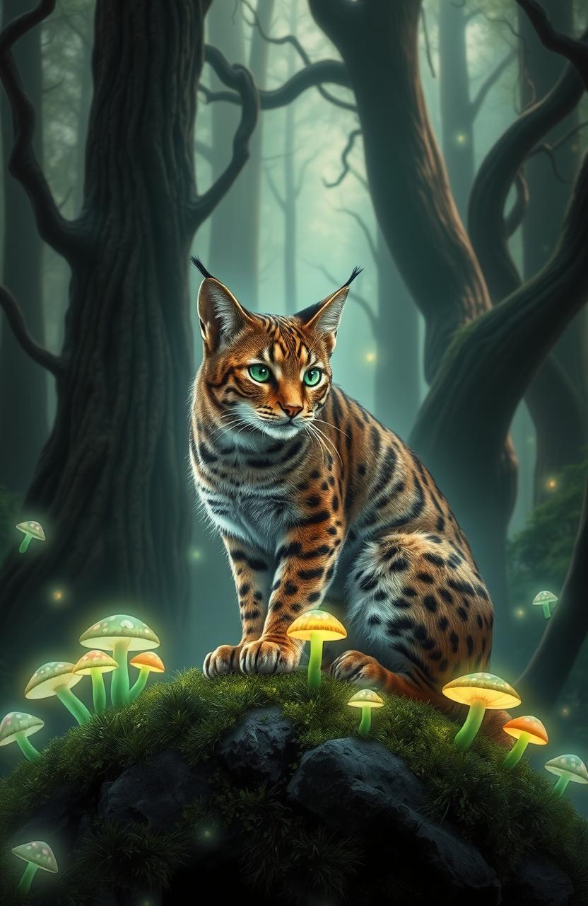 A realistic tabby lynx with striking fur patterns, set in a magical glowing forest