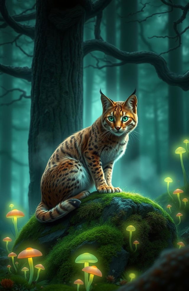 A realistic tabby lynx with striking fur patterns, set in a magical glowing forest