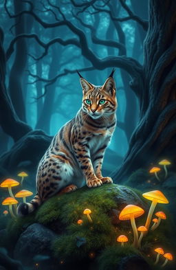 A realistic tabby lynx with striking fur patterns, set in a magical glowing forest