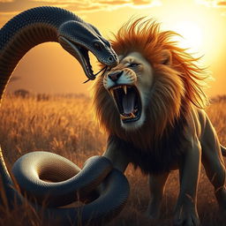 A dramatic scene depicting an intense battle between a snake and a lion