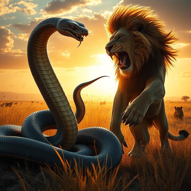 A dramatic scene depicting an intense battle between a snake and a lion