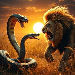 A dramatic scene depicting an intense battle between a snake and a lion