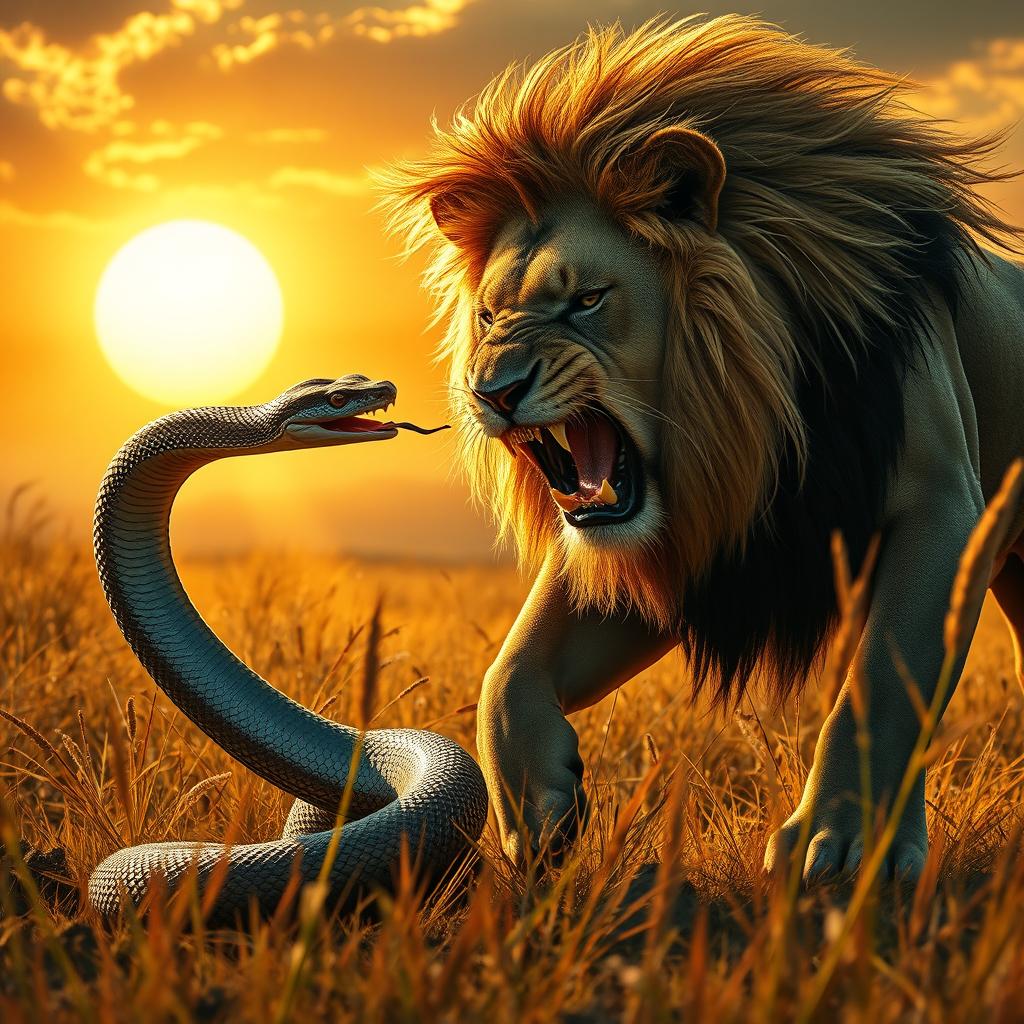 A dramatic scene depicting an intense battle between a snake and a lion