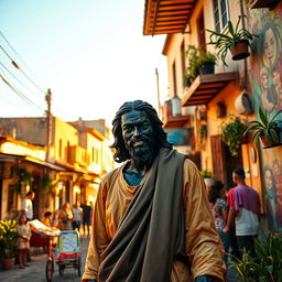 An artistic representation of a black Jesus Christ standing in the vibrant neighborhood of Nazaré