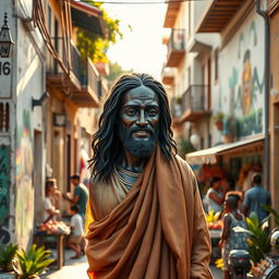 An artistic representation of a black Jesus Christ standing in the vibrant neighborhood of Nazaré
