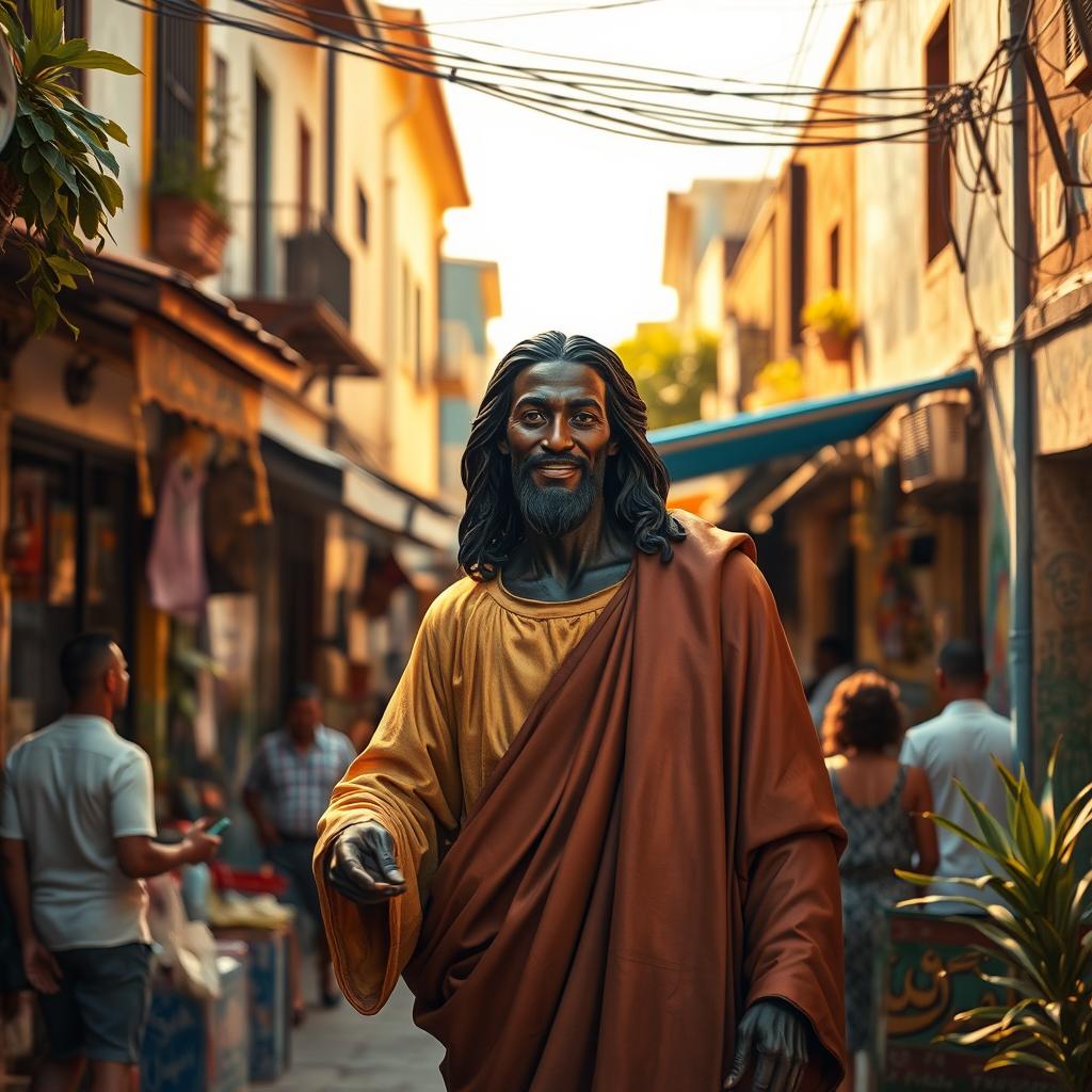 An artistic representation of a black Jesus Christ standing in the vibrant neighborhood of Nazaré