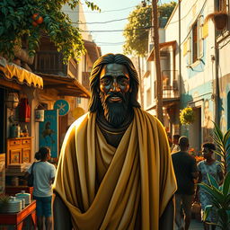 An artistic representation of a black Jesus Christ standing in the vibrant neighborhood of Nazaré