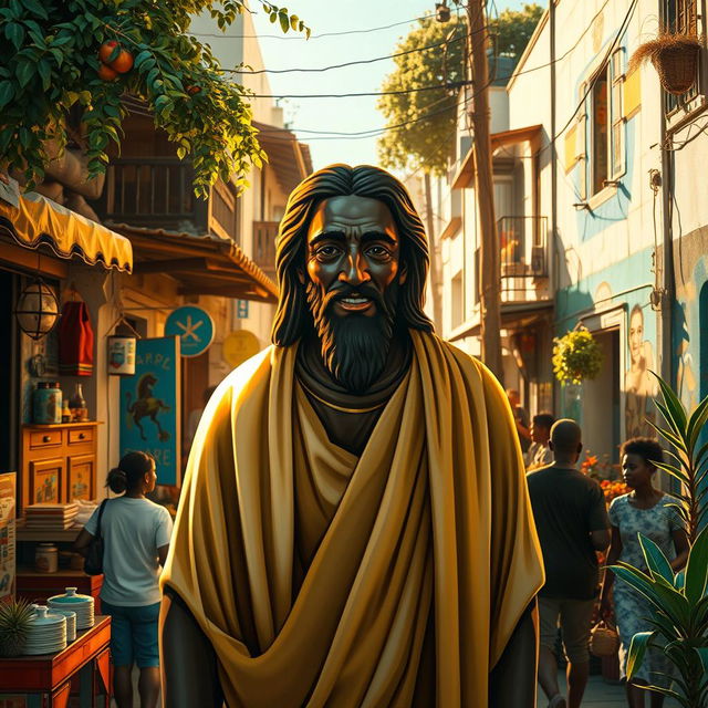 An artistic representation of a black Jesus Christ standing in the vibrant neighborhood of Nazaré