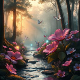 A fantastical forest scene at dawn, illuminated by soft golden light filtering through mist-covered trees