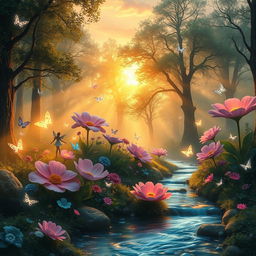A fantastical forest scene at dawn, illuminated by soft golden light filtering through mist-covered trees