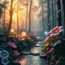 A fantastical forest scene at dawn, illuminated by soft golden light filtering through mist-covered trees