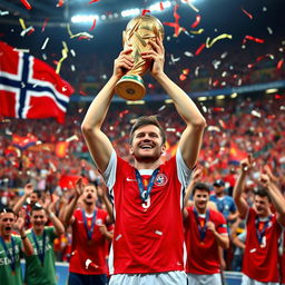 Erling Haaland, wearing the number 9 jersey of the Norway national football team, celebrates joyfully as he lifts the FIFA World Cup trophy amidst a vibrant stadium filled with cheering fans