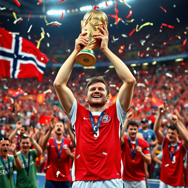 Erling Haaland, wearing the number 9 jersey of the Norway national football team, celebrates joyfully as he lifts the FIFA World Cup trophy amidst a vibrant stadium filled with cheering fans