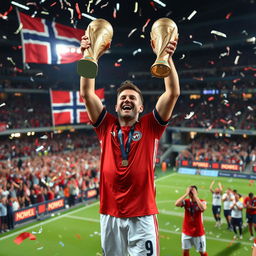 Erling Haaland, wearing the number 9 jersey of the Norway national football team, celebrates joyfully as he lifts the FIFA World Cup trophy amidst a vibrant stadium filled with cheering fans