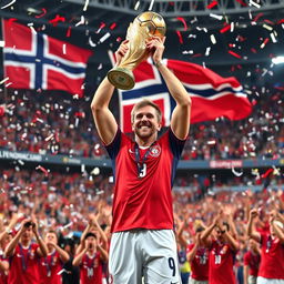 Erling Haaland, wearing the number 9 jersey of the Norway national football team, celebrates joyfully as he lifts the FIFA World Cup trophy amidst a vibrant stadium filled with cheering fans