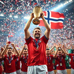 Erling Haaland, wearing the number 9 jersey of the Norway national football team, celebrates joyfully as he lifts the FIFA World Cup trophy amidst a vibrant stadium filled with cheering fans