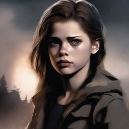 A detailed digital art image portrays a 16-year-old girl, the daughter of Dean Winchester, in a pre-apocalypse setting