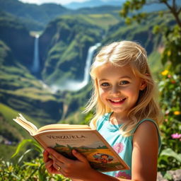 A cheerful girl with striking blonde hair and warm brown eyes immersed in reading a beautiful tale