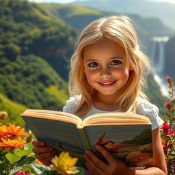 A cheerful girl with striking blonde hair and warm brown eyes immersed in reading a beautiful tale