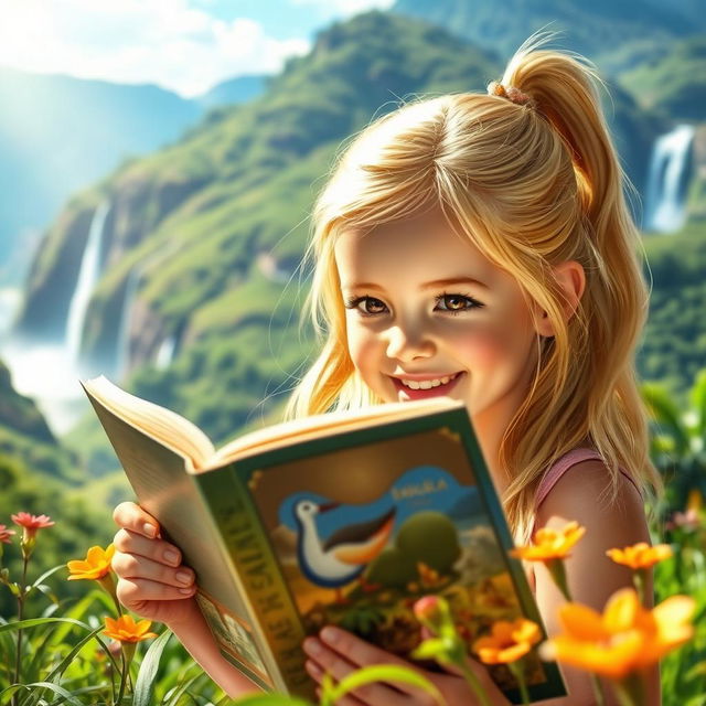 A cheerful girl with striking blonde hair and warm brown eyes immersed in reading a beautiful tale