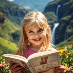 A cheerful girl with striking blonde hair and warm brown eyes immersed in reading a beautiful tale