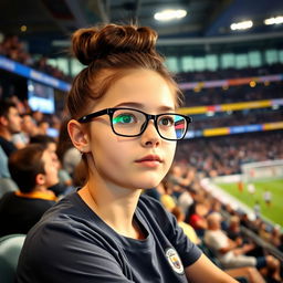 A girl wearing glasses with her hair styled in a bun, having a medium-sized nose, intently watching a Manchester City football match