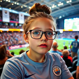 A girl wearing glasses with her hair styled in a bun, having a medium-sized nose, intently watching a Manchester City football match