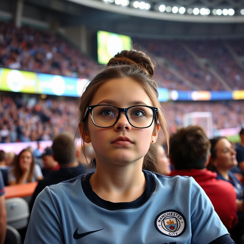 A girl wearing glasses with her hair styled in a bun, having a medium-sized nose, intently watching a Manchester City football match