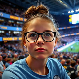 A girl wearing glasses with her hair styled in a bun, having a medium-sized nose, intently watching a Manchester City football match