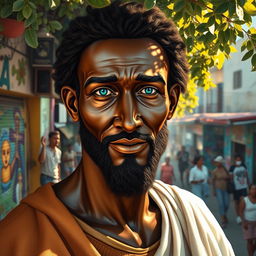 A striking artistic portrayal of a black Jesus Christ with blue eyes, standing in the lively neighborhood of Nazaré