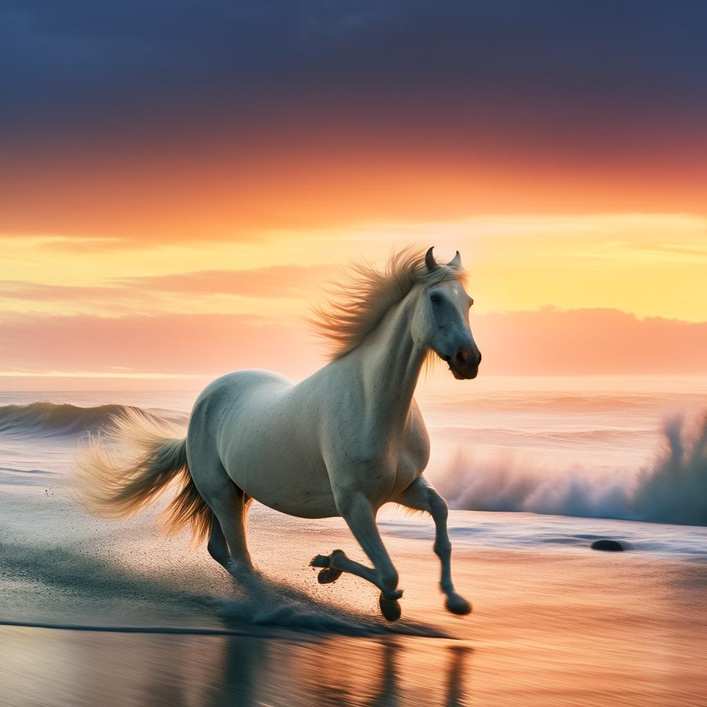 A majestic white horse galloping on a beach during a vivid sunset, with waves crashing in the background.