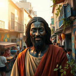 A striking artistic portrayal of a black Jesus Christ with blue eyes, standing in the lively neighborhood of Nazaré